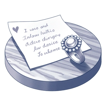An engagement ring next to a handwritten love note on a rustic wooden table