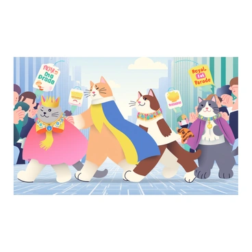A parade of cats dressed in regal attire is marching down a city street. Each cat has a unique outfit, including a royal cloak, a crown, and embellished accessories. The first cat, a fluffy Persian with cream fur, is wearing a golden crown adorned with jewels. Following closely is a sleek Siamese cat dressed in a royal blue cape that flows behind it. A tabby cat with orange stripes wears a tiny velvet coat and a decorative collar. The cats are walking on a cobblestone street lined with cheering spectators, some holding colorful banners that read "Royal Cat Parade." In the background, tall buildings with elegant architecture frame the scene. The sky above is bright and clear, enhancing the festive atmosphere of the event.