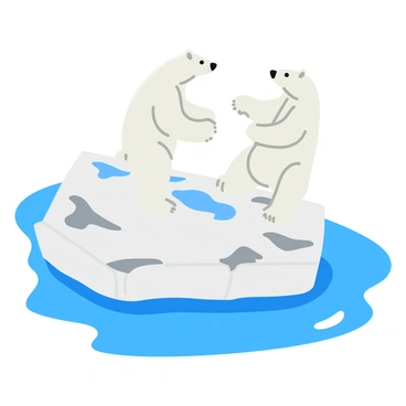Two polar bears are engaged in a fierce struggle over territory on a large floating iceberg. The bears are depicted with thick white fur, showcasing their powerful bodies and sharp claws. One bear stands tall, rearing up on its hind legs, while the other is crouched low, ready to pounce. The iceberg is jagged and textured, dotted with patches of snow and ice. Surrounding the iceberg are calm, clear blue waters reflecting the bright sunlight, and a clear sky overhead, enhancing the dramatic scene.