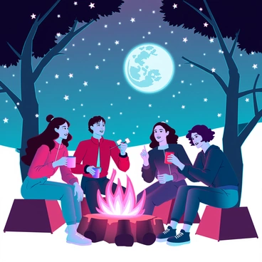 A group of five friends with diverse appearances and clothing styles is sitting around a cozy campfire. The warm glow of the fire casts flickering shadows on their faces. They are seated on camping chairs and logs, with some holding mugs filled with hot beverages. One friend is roasting marshmallows on a stick above the flames. The starry night sky is filled with countless bright stars, and a large, glowing moon is visible in the background, illuminating the scene. The surrounding trees create a natural frame, enhancing the intimate atmosphere of the gathering.