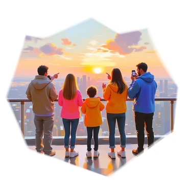 A group of people standing on a tall observation deck, overlooking a stunning panoramic view of a vast cityscape. The deck is surrounded by glass panels, allowing unobstructed sightlines. Among them, a family with two children points excitedly at the skyline. A couple stands close together, taking photographs with their smartphone. A man in a blue jacket is leaning against the railing, gazing thoughtfully into the distance. In the background, the sun is setting, casting a warm golden light over the scene, and a few fluffy clouds scatter the sky.