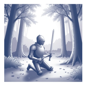 A knight in shining armor kneeling with a sword planted in the ground, surrounded by a peaceful forest