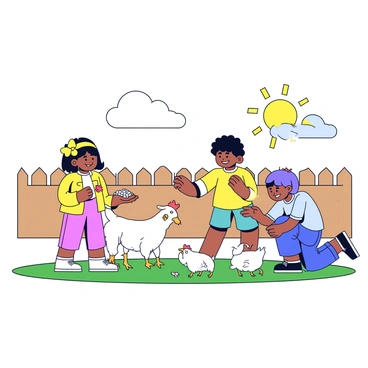 A group of children is feeding animals on a farm under bright sunshine. One child is holding a handful of grain while standing in front of a small goat that is eagerly nibbling from their palm. Another child is crouching down, tossing feed to a few chickens that are pecking at the ground. The scene is set in an open area with green grass and a wooden fence in the background. The children wear colorful clothes and have joyful expressions on their faces as they interact with the animals.