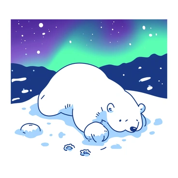 A white polar bear cub is joyfully playing in a thick layer of snow. The cub is rolling over and making snowballs with its paws, leaving small paw prints scattered around. Above the cub, vibrant green and purple northern lights illuminate the night sky, casting a magical glow across the scene. The snowflakes are gently falling, adding to the wintery atmosphere. The bear's fluffy fur stands out against the shimmering white snow, creating a heartwarming contrast.