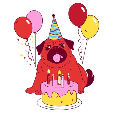 A red pug wearing a colorful party hat is sitting in front of a yellow birthday cake with pink frosting. The cake has lit candles on top, and colorful balloons in shades of red and yellow are floating around the pug. The pug has a delighted expression, with its tongue out and tail wagging. In the background, there are streamers and confetti adding to the festive atmosphere.