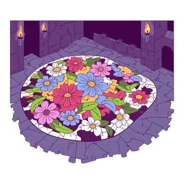 An intricate mosaic of flowers is laid out on the floor of a medieval castle. The mosaic is composed of various colored stones and tiles, creating a vibrant pattern that features different types of flowers with detailed petals and leaves. Each flower is uniquely designed, showcasing a variety of colors. The surrounding floor is made of dark stone, which contrasts with the bright hues of the mosaic, enhancing its visual appeal. The light from torches mounted on the castle walls casts subtle shadows across the mosaic, highlighting the textures of the stones and tiles.