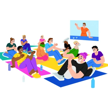 A virtual fitness class featuring multiple participants following a pelvic tilt exercise video. The participants are diverse in gender and ethnicity, all wearing colorful workout attire. Each person is positioned on their own exercise mat in a bright and well-lit room. On a large screen at the front, the instructor demonstrates the pelvic tilt exercise with clear movements. The atmosphere is energetic, with everyone maintaining focus and engaging in the exercise together. Some participants are smiling, while others look concentrated. Water bottles and towels are placed next to each mat.