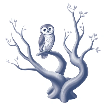 An owl with a detailed feather pattern is perched on a thick, gnarled branch of an ancient tree. The tree has a rugged bark texture, with twisting limbs that extend outward. The owl's large, round eyes are wide open, keenly observing the surroundings. In the background, there are hints of leaves and smaller branches, adding depth to the scene. The atmosphere conveys a sense of stillness and awareness.