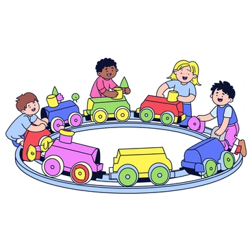 A group of children are engaged in play with a toy train set. Several toy trains are on a circular track, showcasing various vibrant colors. The wheels of the trains are prominently displayed, featuring bright shades of red, blue, yellow, and green. The children are eagerly leaning over the track, their faces filled with joy and excitement as they push the trains along the track. There are small accessories around the track, including trees and houses, enhancing the playful scene.