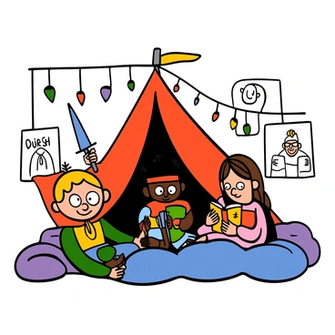 A group of three children playing inside a fort made of blankets and cushions. One child, a light-skinned boy with big eyes and short blonde hair, is acting as a hero, wearing a makeshift cape and holding a toy sword. A second child, a dark-skinned girl with big eyes and curly hair, is pretending to be a villain, wearing a headband and holding a toy shield. The third child, a light-skinned girl with big eyes and straight brown hair, is sitting in the corner, reading a book and imagining their adventures. The fort is decorated with colorful fairy lights, and drawings of heroes and villains hang on the walls.