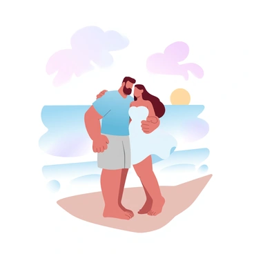 A man and a woman are standing closely together, enjoying the moment on a beach during sunset. The man is wearing a light blue short-sleeve shirt and khaki shorts, while the woman is dressed in a flowing white sundress. They are both looking towards the horizon, with gentle waves lapping at their feet. The sky is painted with soft gradient pastel colors of pink, orange, and lavender, reflecting on the surface of the water. Above them, a few wispy clouds are scattered across the sky, and a hint of the sun is visible as it dips below the horizon.