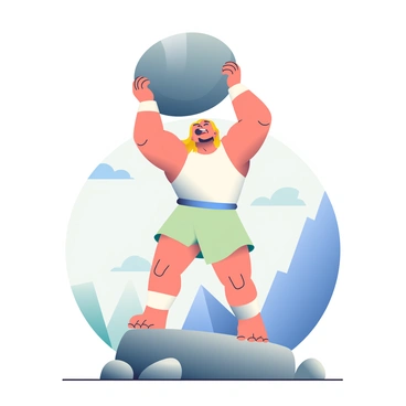 A muscular man with long hair and a determined expression is lifting a massive stone effortlessly above his head. His biceps are visibly flexed, emphasizing his legendary strength. He is standing on a rocky terrain, with scattered smaller stones around him. In the background, there are rugged cliffs and a clear blue sky. The man's attire consists of a simple tunic that highlights his powerful physique. His feet are firmly planted on the ground, showing stability and control as he raises the heavy stone.