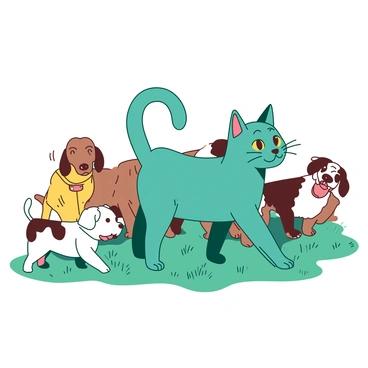 A teal cat with a confident posture is walking through a group of excited dogs. The dogs are various breeds, including a yellow Labrador, a brown Dachshund, and a white Poodle, all observing the cat with curious expressions. The scene is set in a grassy area where the cat strides forward, tail held high, while the dogs surround it, some with their heads tilted, others with ears perked up, showcasing their interest. The sunlight casts soft shadows on the ground, highlighting the interaction between the cat and the dogs.