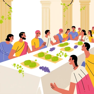 An ancient Roman banquet scene featuring a long, ornate wooden table covered with a white cloth. The table is laden with various dishes, including large platters of artichokes arranged neatly as delicacies. Surrounding the table are elegantly dressed Romans in togas, engaging in lively conversation. The background shows columns and decorative elements typical of Roman architecture. Vines and grapes are scattered on the table, adding to the feast atmosphere. Soft light filters through, casting gentle shadows across the scene.