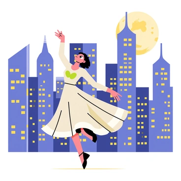 A city skyline filled with tall buildings and bright windows transitions into a graceful dancer. The dancer is wearing a flowing, shimmering dress that reflects the lights of the city. Her arms are raised elegantly as she twirls under a large, luminous moon in the night sky. The scene captures the movement of the dancer blending seamlessly with the shapes of the skyscrapers. The moonlight casts soft shadows on the buildings, enhancing the overall enchanting atmosphere of the illustration.