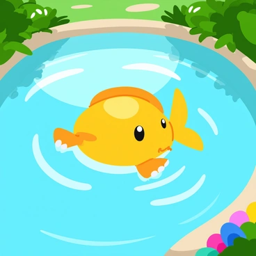 A shimmering golden Magikarp swimming gracefully in a crystal-clear pond. The surface of the pond reflects the sunlight, creating a sparkling effect around the fish. Lush green plants and colorful pebbles decorate the pond's bottom. Tiny ripples spread out as the Magikarp moves through the water, its fins flaring majestically. In the background, gentle sunlight filters through the leaves of nearby trees, casting playful shadows on the water's surface.