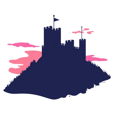 A dark silhouette of a sturdy fortress is perched on a hilltop, with tall towers and battlements clearly outlined against the sky. The fortress stands majestically, its strong walls indicating resilience and safety. The dawn sky features a blending of colors, casting a soft glow around the edges of the fortress. Wisps of clouds are illuminated in the early light, enhancing the atmosphere of tranquility and strength. The hill is gently sloped, covered with sparse, dark vegetation, further emphasizing the fortress's commanding position as a symbol of protection.