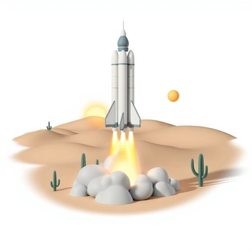 A sleek, metallic rocket, painted in shades of white and silver, is blasting off from a desert launch site. Flames and smoke are erupting from its engines, creating a cloud of orange and gray as it ascends into the sky. The launch site is surrounded by rolling sand dunes, with their soft, golden grains contrasting against the rocket's structure. Sparse cacti, with long green arms reaching toward the sky, dot the landscape, their shadows stretching across the sand as the sun begins to set in the background, casting a warm glow over the scene.