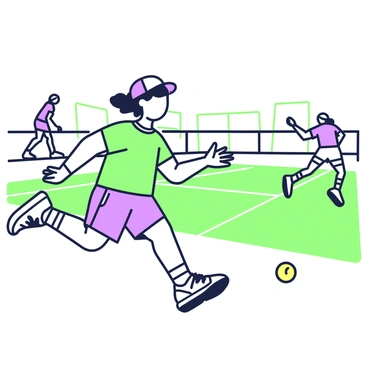 A focused ball kid is running across the tennis court to retrieve a ball. They are wearing a cap and a brightly colored shirt, with athletic shorts and sneakers. The ball kid's expression shows determination as they sprint towards the bouncing yellow tennis ball. In the background, players are positioned on opposite sides of the net, actively engaged in their match. The court is lined with green boundary markings, and there are spectators visible in the stands, creating a vibrant atmosphere around the ongoing game.