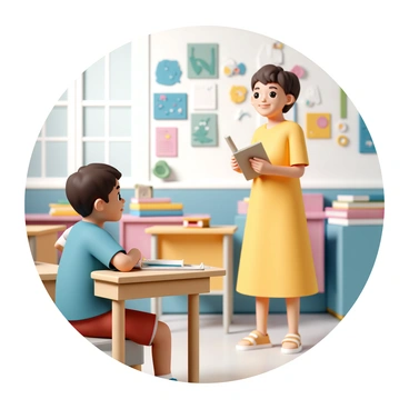 A young boy named Lou, wearing a blue t-shirt and red shorts, sits at a wooden desk with a notepad and pencil. He has short brown hair and big, curious eyes. Lou is leaning forward, listening attentively to a teacher, who stands at the front of a colorful classroom. The teacher is a woman, dressed in a bright yellow dress and holding a book, gesturing as she speaks. Surrounding them are walls adorned with various pieces of vibrant student artwork, including drawings and paintings in a wide array of colors. Sunlight streams in through large windows, illuminating the cheerful atmosphere of the classroom.
