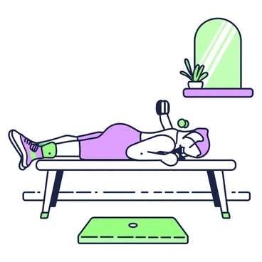 A person is lying on a flat bench, performing a dumbbell fly exercise. The individual has short hair, wearing a sleeveless, fitted tank top and high-waisted shorts. Their sneakers are laced tightly, and a sweatband is placed around their forehead. In each hand, they hold a dumbbell with visible weight markings. The gym is sparsely furnished, with a vintage exercise mat on the floor and a wall-mounted mirror reflecting the scene. A small plant sits on a ledge nearby, adding a touch of greenery.