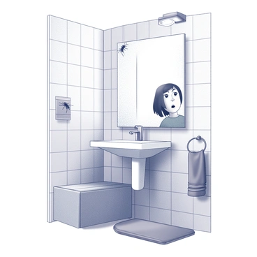 A bathroom with white tiled walls and a sink with a mirror above it. The mirror reflects the image of a person standing in front of it, displaying a surprised expression. Insect legs can be seen crawling up the glass of the mirror. A towel rack is visible to the side, and the floor has a small mat positioned in front of the sink. Light is shining from an overhead light fixture, illuminating the scene.