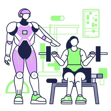 A futuristic robot trainer stands beside a person who is preparing to perform a shoulder press. The robot has a sleek design with metallic surfaces, equipped with articulated limbs and a digital display on its torso. The person, wearing athletic clothing, is positioned in front of a weightlifting bench, gripping a barbell with both hands. The robot's arm is extended toward the person, providing guidance on form and posture. In the background, there are various exercise equipment and digital screens displaying workout metrics. The area is well-lit, emphasizing the modern and high-tech environment.