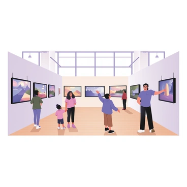 A spacious modern art gallery with white walls and polished wooden floors. There are multiple large screens mounted on the walls, each displaying vibrant digital illustrations. The screens are showing a variety of colorful designs, including abstract patterns and imaginative landscapes. In front of the screens, a small group of diverse visitors are standing and admiring the artwork. The visitors include a woman with short curly hair wearing a blue jacket, a man with glasses and a black t-shirt, and a child pointing excitedly at one of the screens. Soft, natural light floods the gallery through large windows, enhancing the colors of the digital illustrations.