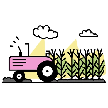 A bright red tractor is actively plowing through multiple rows of tall green corn plants. The tractor’s wheels are churning up the dark soil, creating a clear path. Sunlight is casting a warm glow over the entire scene, illuminating the vibrant colors of the corn and the tractor. The sky above is clear with a few fluffy white clouds scattered throughout.