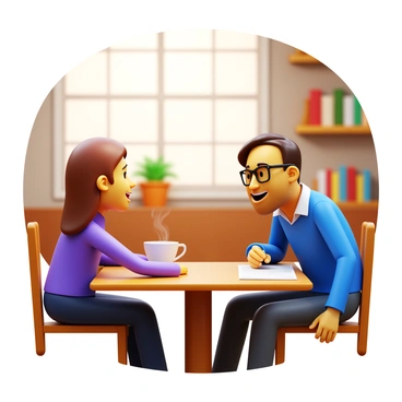 A mentor sitting at a wooden table in a cozy cafe, wearing glasses and a casual sweater. The mentor is engaging in conversation, leaning slightly forward with a warm smile. A steaming cup of coffee sits in front of the mentor. A mentee, with a look of interest, is taking notes on a notepad. The cafe has soft lighting, with shelves of books in the background and potted plants on the windowsill. The atmosphere is inviting and intimate, encouraging open dialogue.