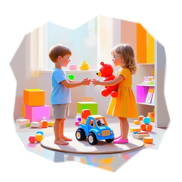 Two children, a boy and a girl, are standing in a colorful playroom filled with various toys scattered around. The boy has short brown hair and is wearing a bright blue t-shirt, while the girl has curly blonde hair and is dressed in a cheerful yellow dress. They are facing each other with wide smiles, extending their hands to each other as they share a blue toy truck and a red stuffed bear. The walls of the playroom are painted in vibrant colors, and there are shelves lined with books and games in the background. A soft rug lies on the floor, adding to the inviting atmosphere.
