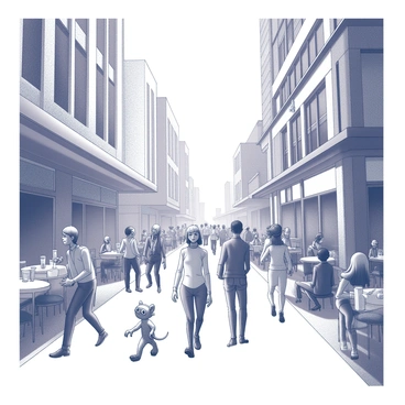 A busy city street filled with activity. Humans walk along the sidewalk, engaged in various conversations and interactions. Among them, fantastical creatures are present, such as a tall, elegant being with elongated limbs and delicate features, and a small, furry creature with large, expressive eyes. The buildings are tall and modern, with large windows and intricate architectural details. Some humans are seated at outdoor café tables, enjoying beverages, while others are looking at their phones. The atmosphere is lively, with a diverse mix of people and creatures coexisting in harmony.