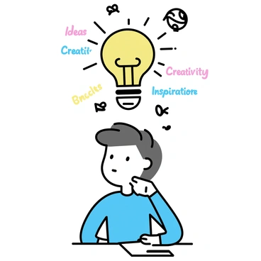 A lightbulb is positioned above a student's head, glowing brightly. Colorful words such as "Ideas," "Creativity," and "Inspiration" are radiating outward in various fonts and sizes. Small images representing concepts, such as a book, a paintbrush, and a globe, are also emerging from the lightbulb, surrounding the student. The student is sitting at a desk, seemingly engaged in thought, with a notebook and pencil in front of them.