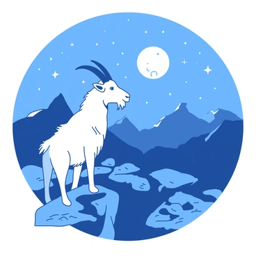 A white mountain goat stands on a rocky outcrop, gazing up at a sky filled with twinkling stars. The full moon casts a soft glow over the landscape, highlighting the contours of the mountains in the background. The goat's fur is slightly ruffled by a gentle breeze, and its eyes are bright and alert as it takes in its surroundings. In the distance, the silhouette of rugged peaks is visible against the night sky, creating a dramatic backdrop to the tranquil scene.