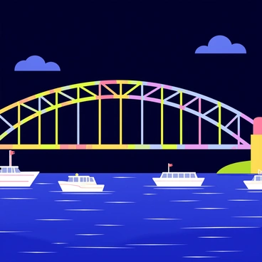 The Sydney Harbour Bridge is illuminated with a vibrant display of colorful lights. The arches of the bridge are highlighted in bright shades of blue, green, and purple. A deep navy night sky serves as the backdrop, dotted with a few fluffy white clouds. Below, the water reflects the glowing lights of the bridge, creating shimmering ripples. A few boats with soft white lights can be seen navigating through the harbor, adding to the lively atmosphere of the scene.