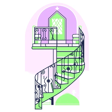 A spiral staircase leading up to the women's balcony in a synagogue