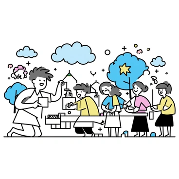 A large, friendly giant with a warm expression is kneeling beside a group of villagers. The giant, with tousled brown hair and a simple tunic, is carefully lifting heavy wooden beams to assist the villagers. The villagers, a diverse group of men and women, wear colorful tunics and are working together to build their homes. Some are carrying bricks, while others are arranging wooden structures. In the background, whimsical trees with vibrant leaves and unique flowers decorate the magical landscape. The sky is a soft blue, dotted with fluffy white clouds.