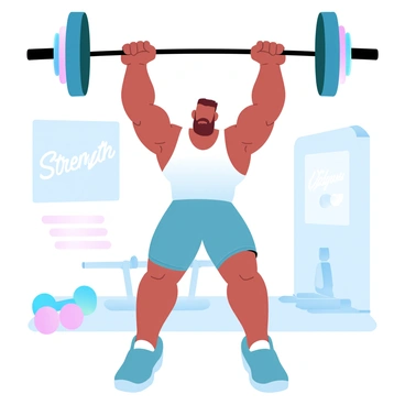 An athlete with a strong build is lifting a barbell high above their head during a CrossFit session. The athlete is wearing fitted athletic gear that showcases their physique. A determined posture is evident as they engage in the lift, with their feet planted firmly on the ground for stability. In the background, various fitness equipment is visible, such as kettlebells and a rowing machine, helping to create a gym environment. Colorful weights are added to the barbell, emphasizing the intensity of the lift. "Strength" is displayed on a motivational poster on the wall behind the athlete.