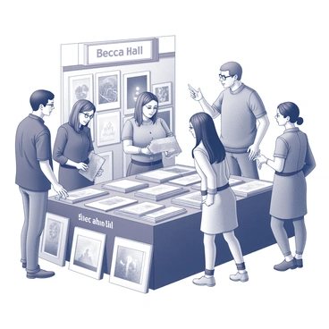 A bustling art market filled with activity. In the foreground, there is a stall belonging to "Becca Hall." The stall is overflowing with various prints displayed prominently. Customers of diverse backgrounds gather around the stall, some examining the artwork closely while others engage in conversation. The atmosphere is lively, with people gesturing as they show enthusiasm for the art. Various items are seen on the tables, creating a sense of abundance and vibrancy within the market scene.