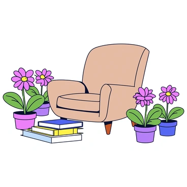 A cozy corner featuring a reading chair with a soft, textured fabric in a muted color. The chair has a high backrest and plush cushions, inviting relaxation. Surrounding the chair are several potted echinacea plants, showcasing vibrant pink and purple flowers with green leaves. A small stack of books rests on the floor beside the chair, their covers in various colors and designs. The scene conveys a warm and inviting atmosphere, perfect for reading.