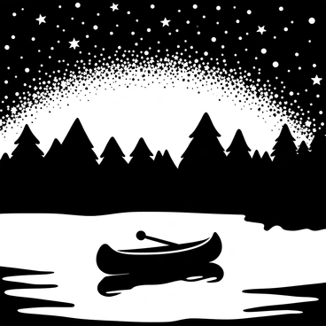 A canoe floating on calm water, with a silhouette of trees lining the shore. The sky is filled with numerous stars, and the Northern Lights arc gracefully across the scene. The reflection of both the stars and the Northern Lights shimmer gently on the water's surface, creating a harmonious balance between the sky and the lake. The canoe is empty, gently swaying with the water's movement under the vast celestial display.
