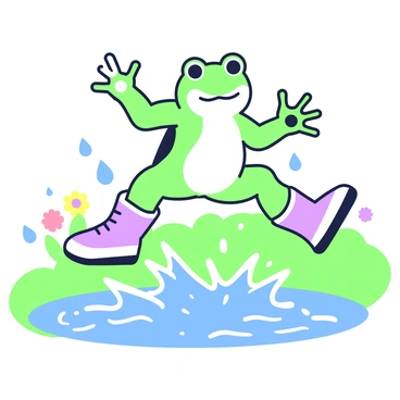 A frog is jumping exuberantly in a series of puddles. The frog is wearing bright rain boots that cover its hind legs, showcasing a playful design with patterns. Water droplets are flying around, capturing the motion of the splashes. The background features a grassy area dotted with a few colorful flowers. The scene conveys a sense of fun and lively energy.