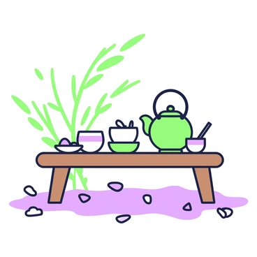 A traditional tea ceremony set is arranged on a low wooden table. The table is adorned with a green tea pot, two cups, and a small dish holding delicate sweets. Beside the tea pot, there is a bamboo tea whisk. Around the table, fallen blossom petals are scattered on the surface and the ground, creating a colorful contrast. In the background, there are willow branches swaying gently, and the light filters through the petals, casting soft shadows on the table.