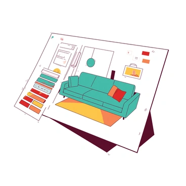 A white illustration board is displayed, measuring 1/2 size. On the board, there is a concept sketch of a modern interior space featuring a plush teal sofa arranged against a wall. The sofa is complemented by orange accent pillows. Surrounding the sketch, there are various color swatches in neat rows, showcasing a range of shades including red, yellow, teal, and orange. A few small sketches of furniture and decor items are scattered around the main sketch, all contributing to the overall interior design concept.