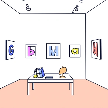 An art gallery with white walls and polished wooden flooring. There are several frames hanging at eye level on the walls. Each frame contains a unique artistic arrangement of letters in various colors and fonts. The letters are creatively positioned to form abstract shapes and patterns. Soft lighting highlights the frames, casting gentle shadows on the floor. In the center of the gallery, there is a minimalist display table holding a few art books about typography and design.