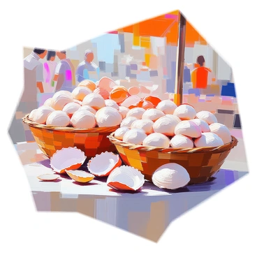 A bustling seafood market stall filled with a variety of fresh scallops and scallop shells. The stall features several woven baskets overflowing with plump, glistening scallops, their cream and pink hues contrasting with the rustic textures of the baskets. Some scallop shells are displayed prominently, showcasing intricate patterns and colors, while the surrounding area is lively with customers admiring the fresh catch. The textures of the seafood and the vibrant colors create a lively atmosphere, representative of a thriving market scene.