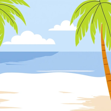 A tropical beach scene with soft white sand stretching out under the sun. "Clear blue water" sparkles in the sunlight, gently lapping at the shore. "Tall palm trees" with lush green fronds sway in the breeze, casting playful shadows on the sand. "Fluffy white clouds" drift lazily in the bright blue sky above, completing the idyllic atmosphere.