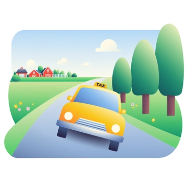A bright yellow taxi is driving down a quiet rural road. The taxi has a shiny exterior and its headlights are on, illuminating the path ahead. On either side of the road, there are expansive green fields dotted with wildflowers. In the distance, rustic farms with red barns and white fences are visible under a clear blue sky. The road is lined with tall trees swaying gently in the breeze, creating a peaceful countryside scene.