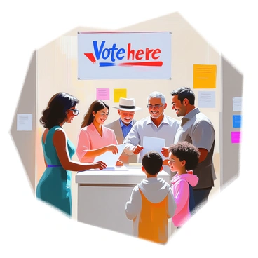 A diverse group of people happily casting their votes at a polling station