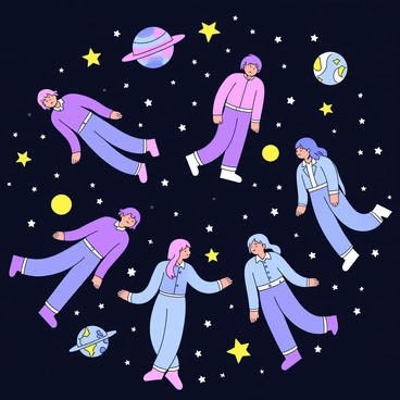 A collage featuring multiple ethereal figures in various poses. Each figure is semi-transparent and glows softly with a luminous sheen. The figures are arranged in a swirling composition that draws the eye. The background is filled with a deep black space scattered with numerous bright stars and colorful planets. Each planet has distinct features, with some displaying rings and others showcasing surface patterns. The overall scene creates a sense of depth and wonder.